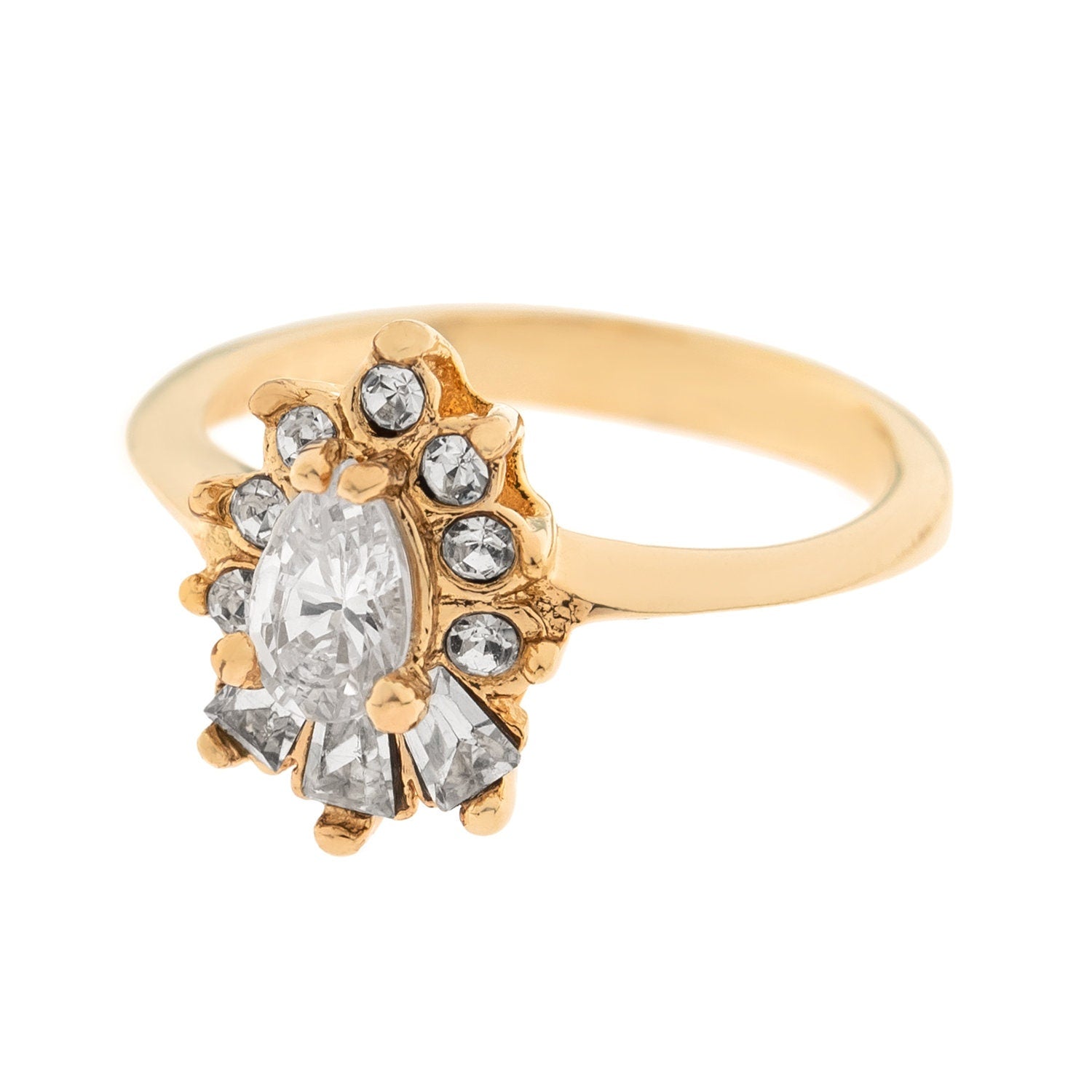 Vintage 1990s Clear Cubic Zirconia 18k Gold Electroplated Cocktail Ring - Made in USA jewelry image 1