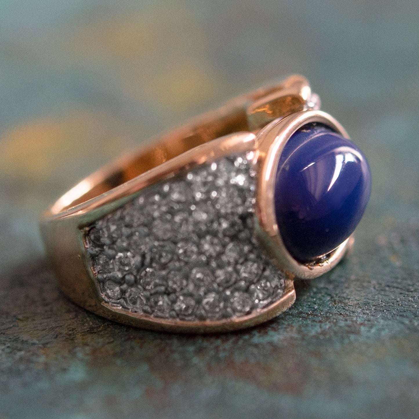 Vintage Lapis Lazuli Bead and Clear Austrian Crystal Cocktail Ring – 18k Yellow Gold Electroplated jewelry image 1