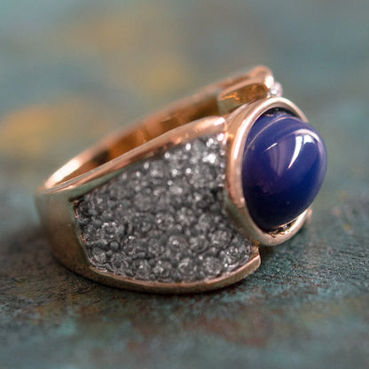 Vintage Lapis Lazuli Bead and Clear Austrian Crystal Cocktail Ring – 18k Yellow Gold Electroplated jewelry image 1