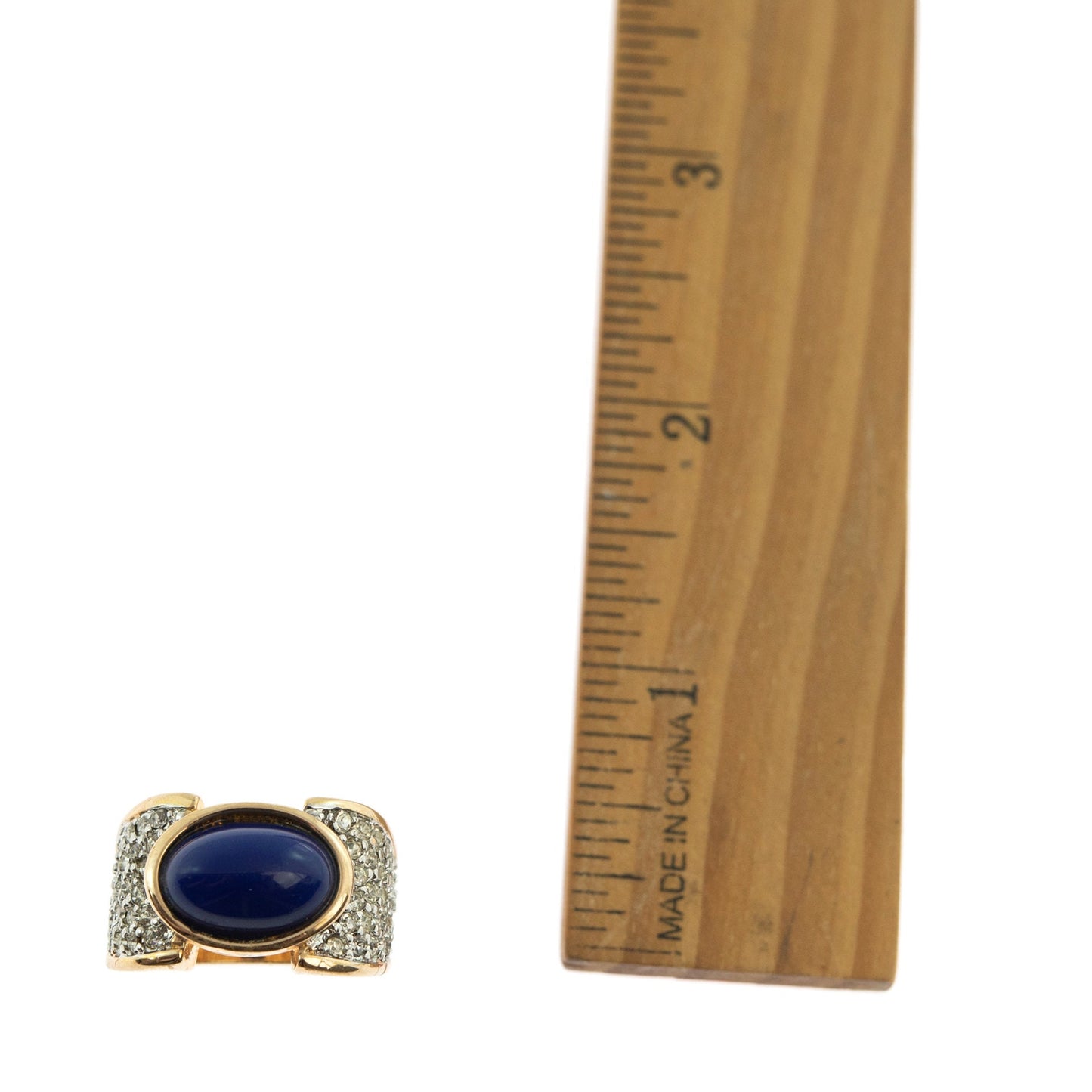 Vintage Lapis Lazuli Bead and Clear Austrian Crystal Cocktail Ring – 18k Yellow Gold Electroplated jewelry image 1