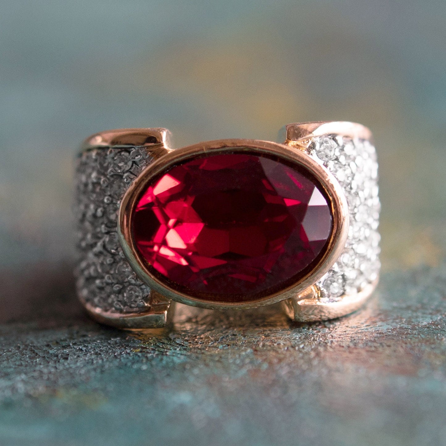 Vintage Ruby Crystal Cocktail Ring - 18k Yellow Gold Electroplated with Austrian Crystals jewelry image 1