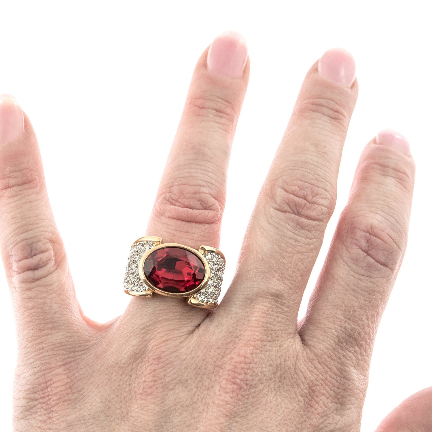 Vintage Ruby Crystal Cocktail Ring - 18k Yellow Gold Electroplated with Austrian Crystals jewelry image 1