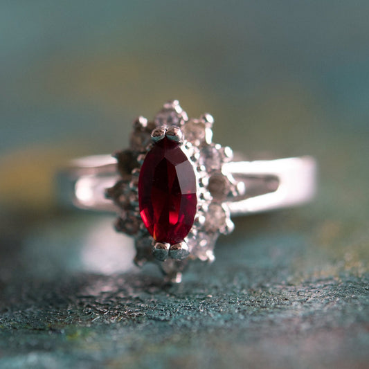 Vintage 1980s Ruby and Clear Austrian Crystal Ring - 18kt White Gold Electroplated jewelry image 1