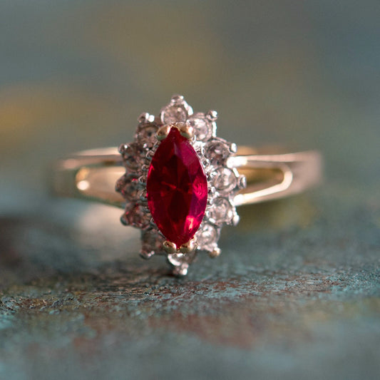 Vintage 1980s Ruby and Clear Austrian Crystal Ring - 18kt Yellow Gold Electroplated - Made in USA jewelry image 1