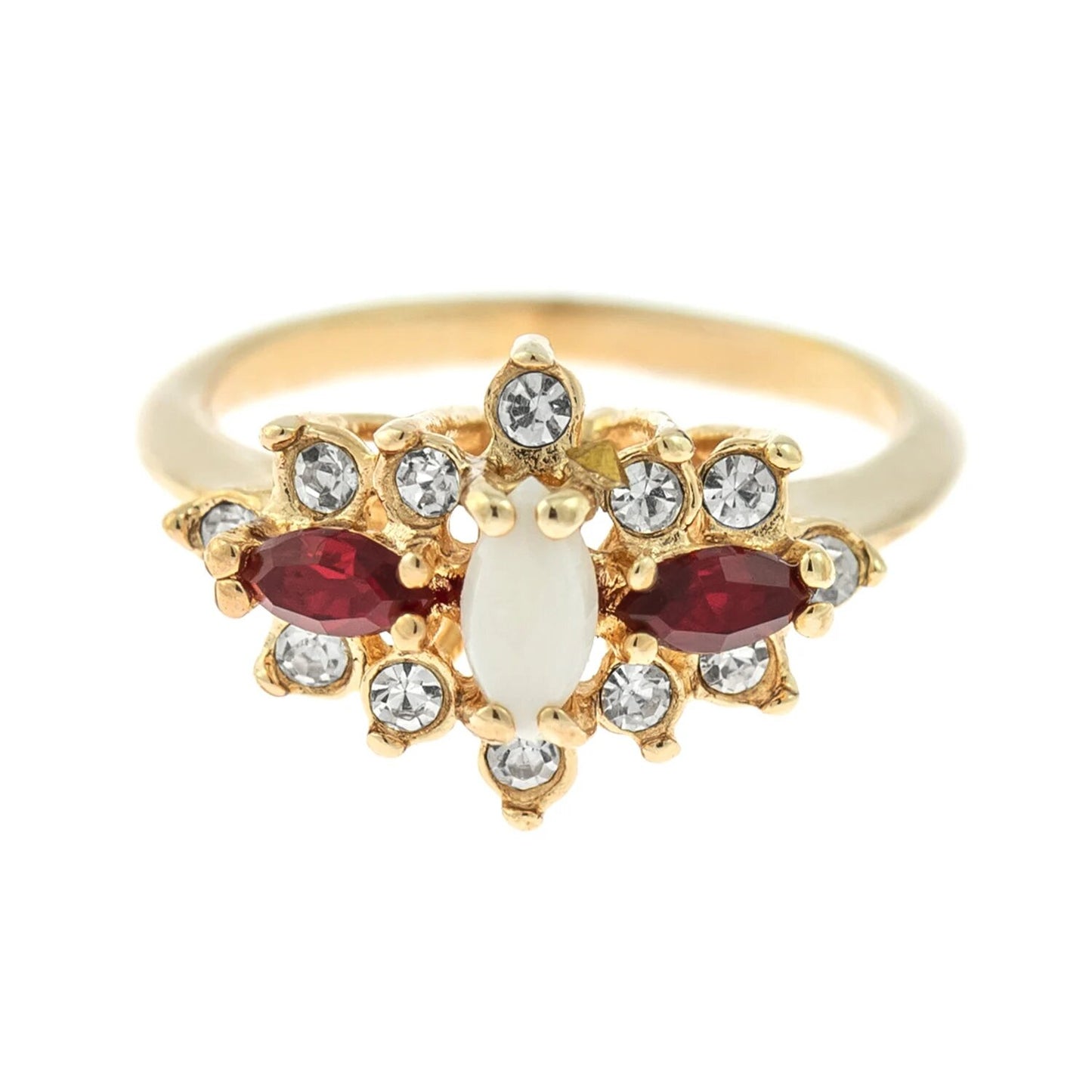 Vintage 1970s Genuine Opal and Ruby Cluster Ring with Clear Austrian Crystals - 18k Yellow Gold Electroplated - Made in USA jewelry image 1