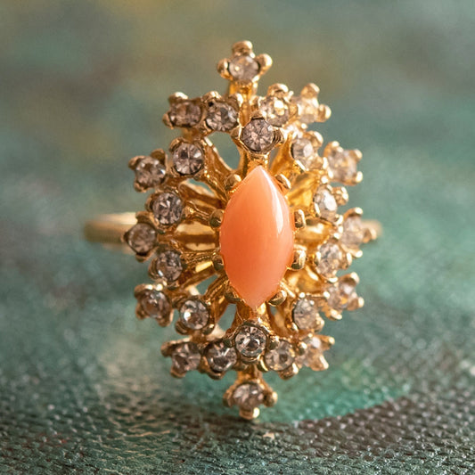 Vintage Genuine Coral and Clear Austrian Crystal Ring - 18kt Yellow Gold Electroplated jewelry image 1