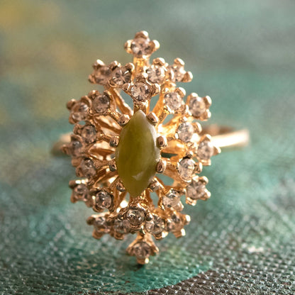 Vintage Genuine Opal and Clear Austrian Crystal Cocktail Ring - 18kt Yellow Gold Electroplated jewelry image 1