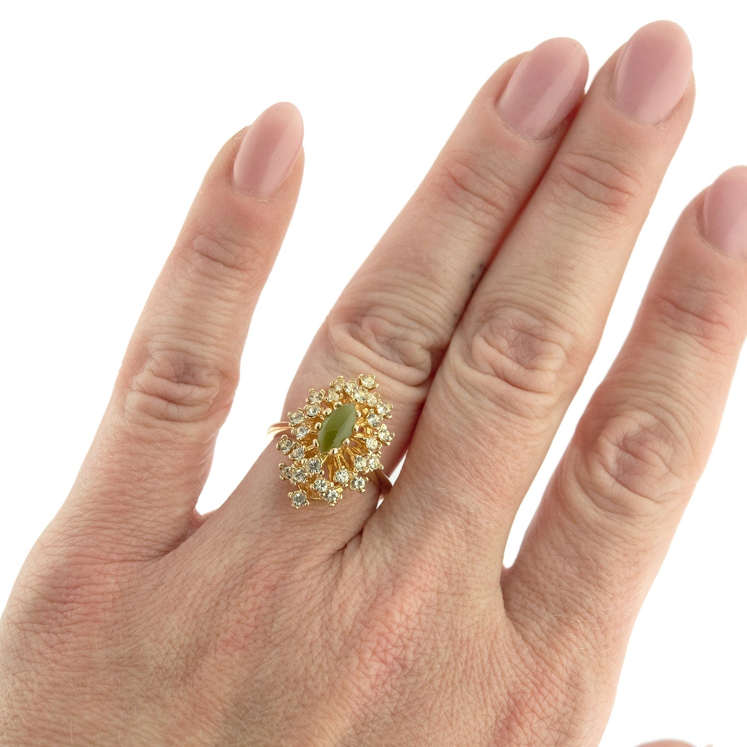 Vintage Genuine Opal and Clear Austrian Crystal Cocktail Ring - 18kt Yellow Gold Electroplated jewelry image 1