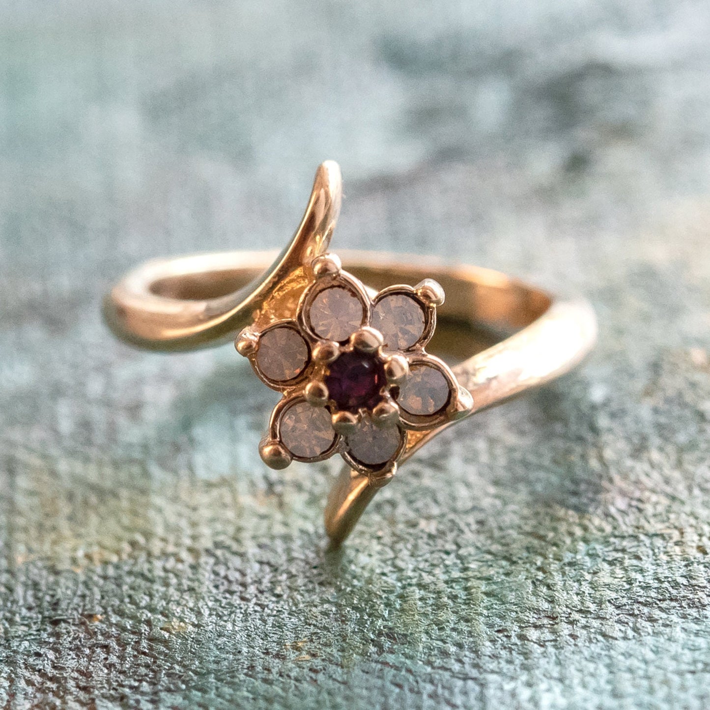 Vintage 1970s Amethyst Crystal and Genuine Pinfire Opal Cluster Ring - 18kt Yellow Gold Electroplated jewelry image 1