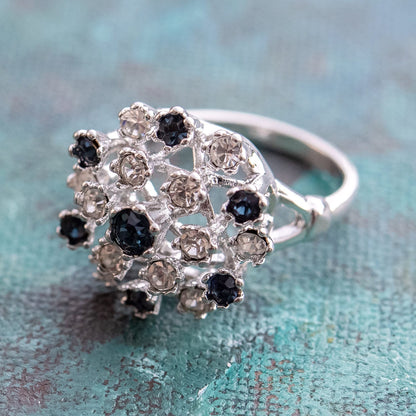 Vintage Sapphire and Clear Austrian Crystal Cocktail Ring - 18k White Gold Electroplate - Made in USA jewelry image 1