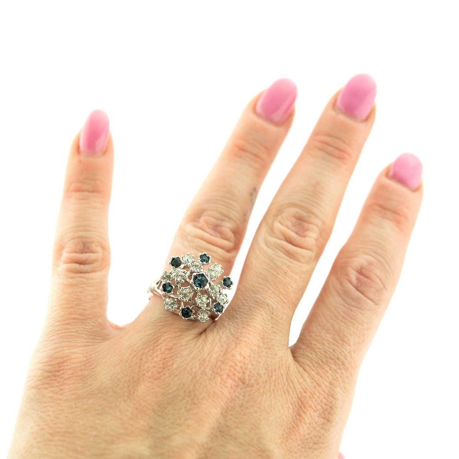 Vintage Crystal and Sapphire Austrian Crystal Pinfire Opal Cocktail Ring - 18k White Gold Electroplate - Made in USA jewelry image 1