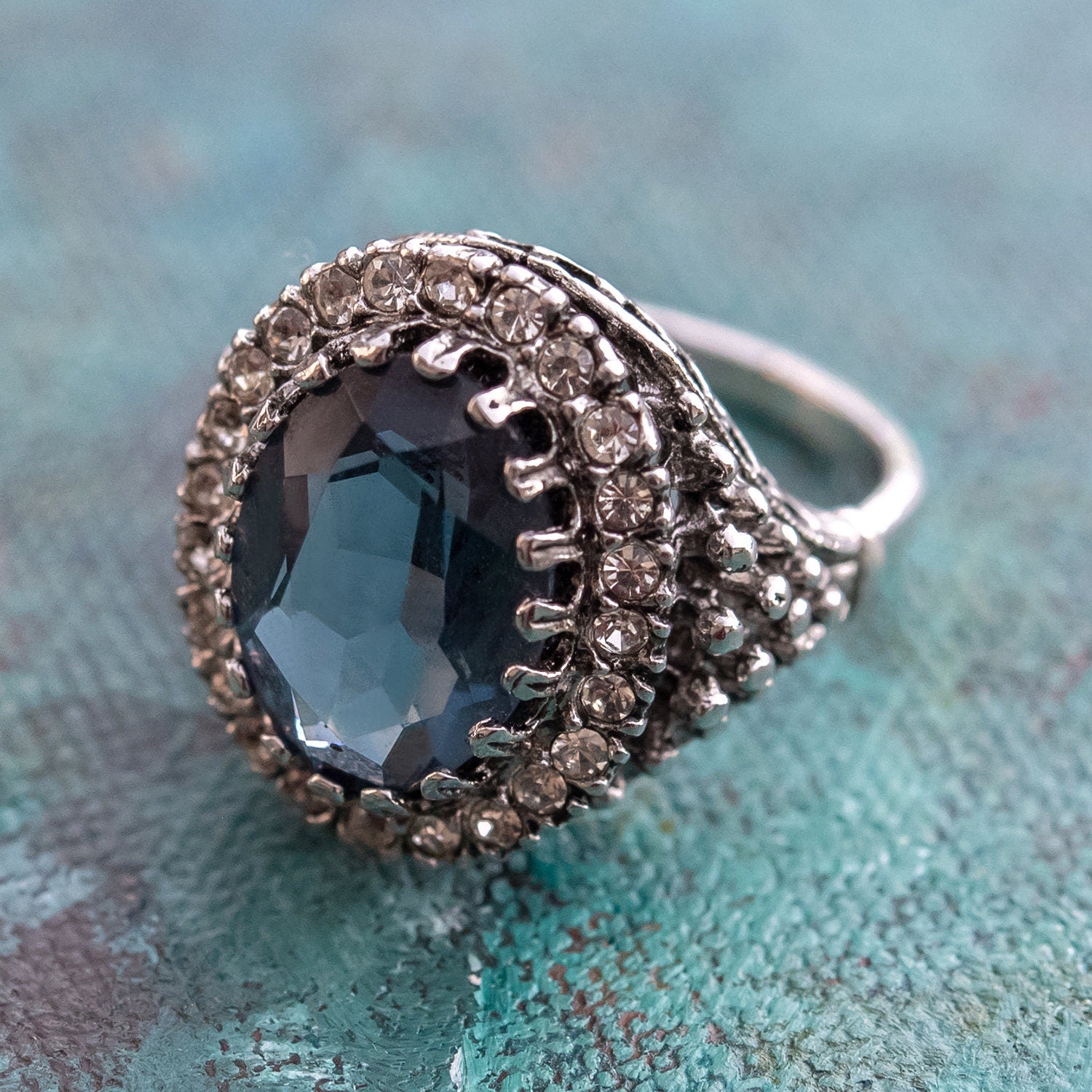 Sapphire and Clear Austrian Crystal Antiqued 18k White Gold Electroplated Edwardian Style Ring - Made in USA jewelry image 1