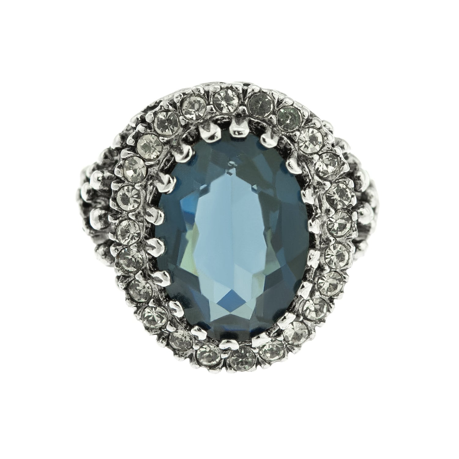 Sapphire and Clear Austrian Crystal Antiqued 18k White Gold Electroplated Edwardian Style Ring - Made in USA jewelry image 1