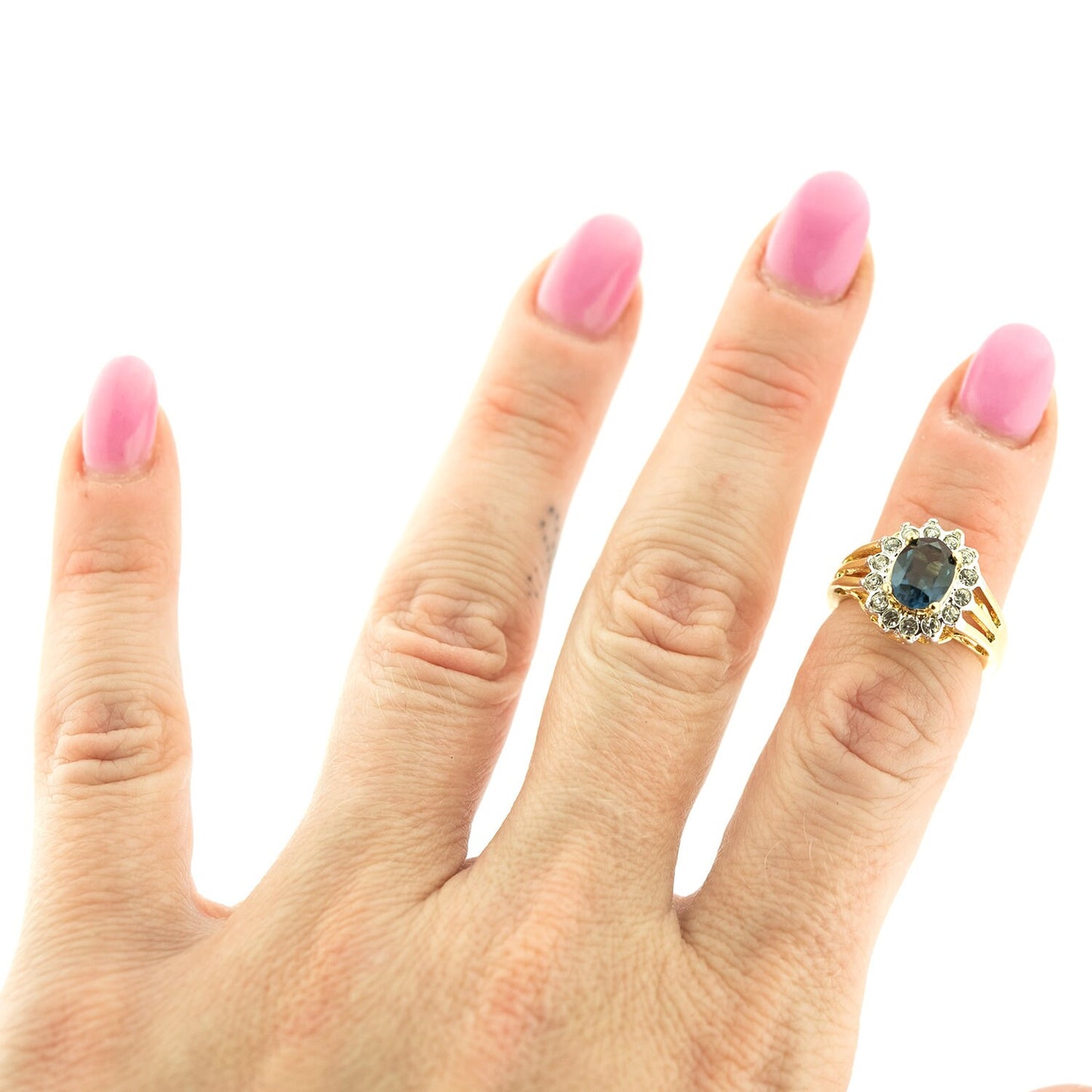 Vintage Sapphire and Clear Austrian Crystal 18k Yellow Gold Electroplated Halo Ring – Made in USA jewelry image 1