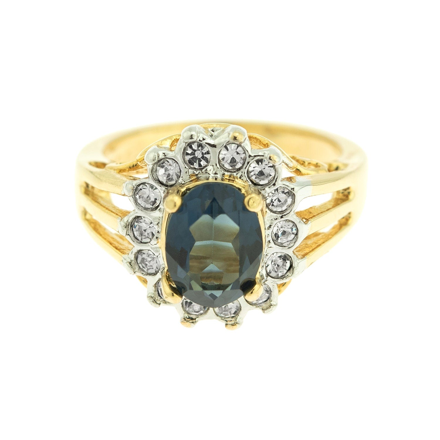 Vintage Sapphire and Clear Austrian Crystal 18k Yellow Gold Electroplated Halo Ring – Made in USA jewelry image 1