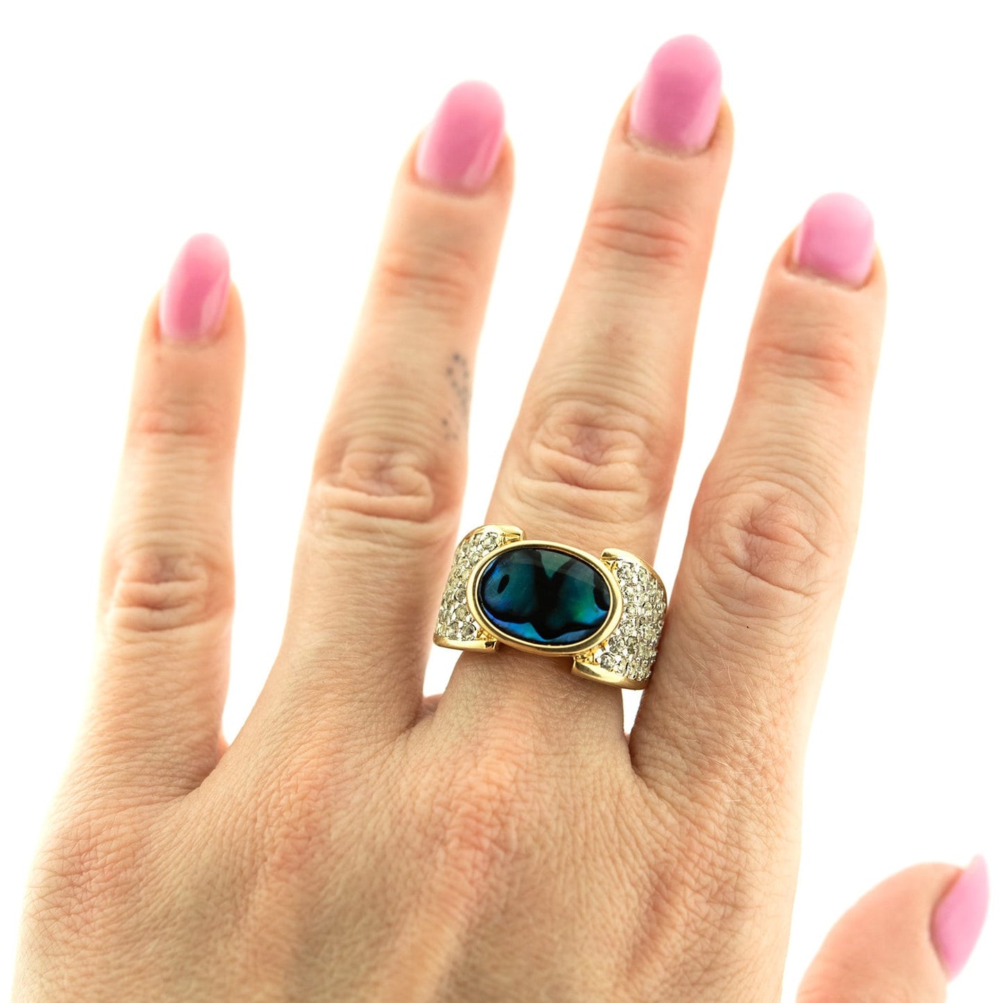 Vintage Genuine Blue Abalone Cocktail Ring with Austrian Crystals - 18k Yellow Gold Electroplated jewelry image 1