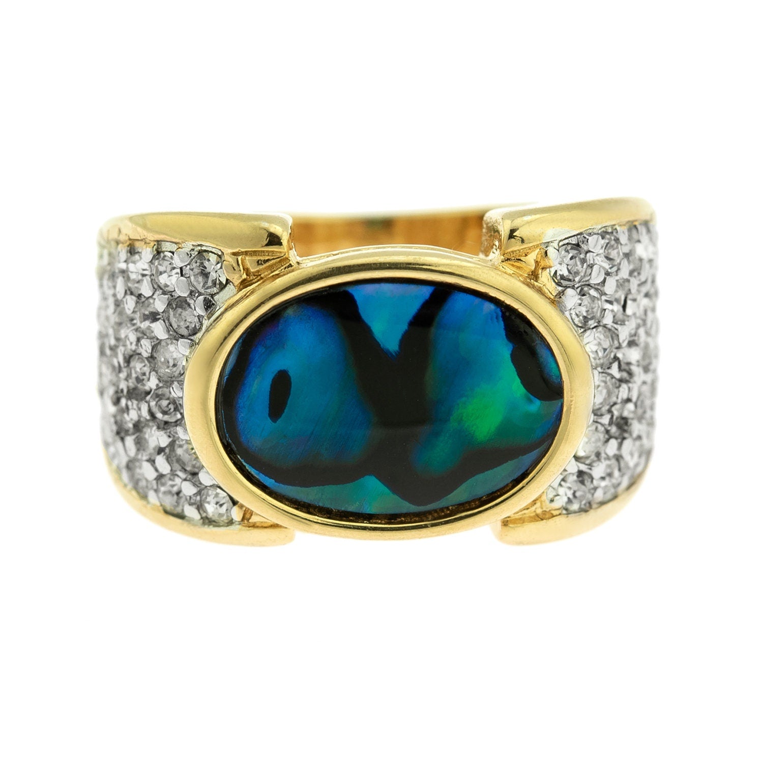 Vintage Genuine Blue Abalone Cocktail Ring with Austrian Crystals - 18k Yellow Gold Electroplated jewelry image 1