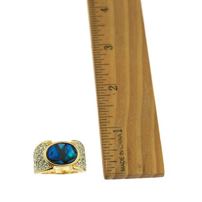 Vintage Genuine Blue Abalone Cocktail Ring with Austrian Crystals - 18k Yellow Gold Electroplated jewelry image 1