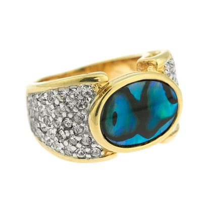 Vintage Genuine Blue Abalone Cocktail Ring with Austrian Crystals - 18k Yellow Gold Electroplated jewelry image 1