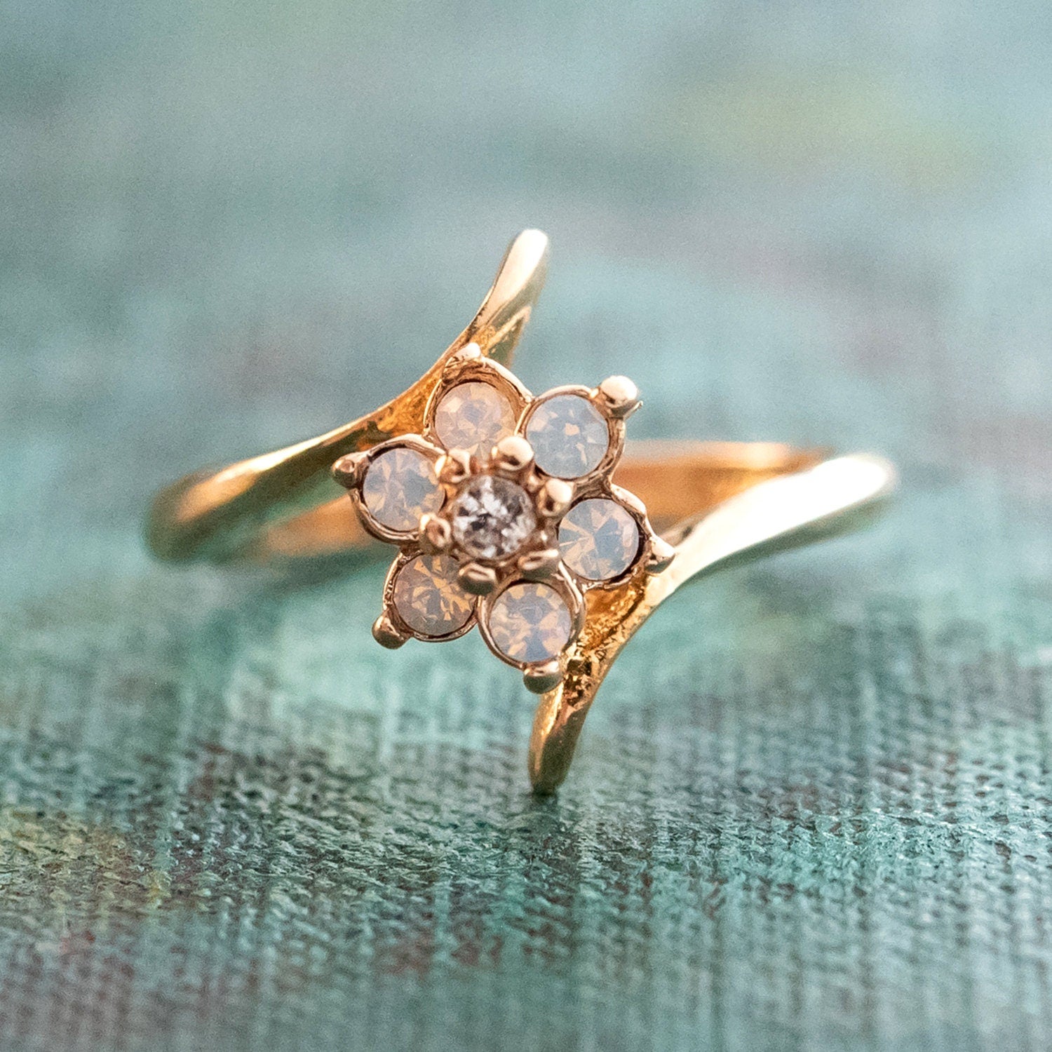 Vintage 1970s Genuine Pinfire Opal and Clear Crystal Cluster Ring - 18k Yellow Gold Electroplated - Made in USA jewelry image 1