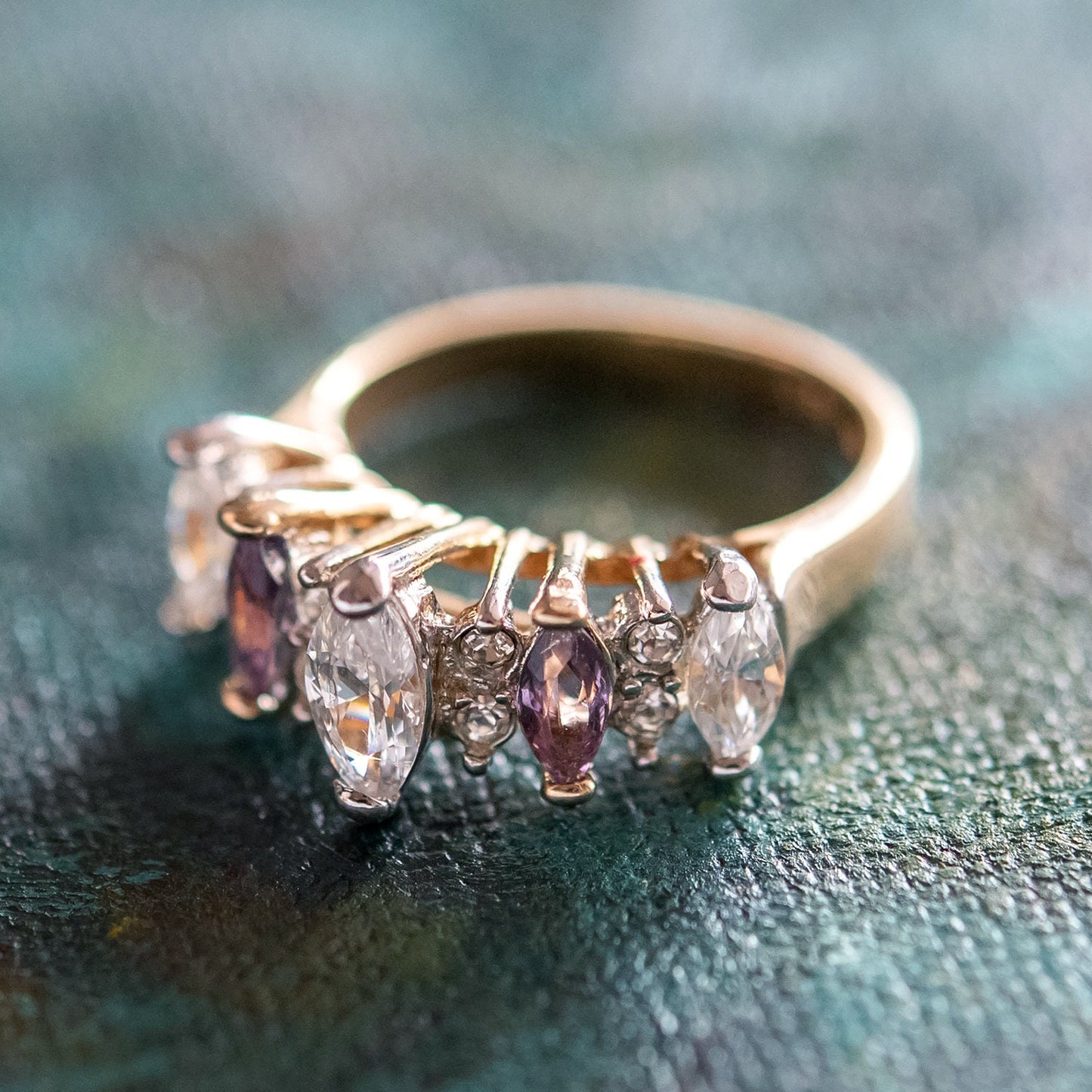 Vintage Genuine Amethyst and Clear Cubic Zirconia Cocktail Ring - 18k Yellow Gold Electroplated jewelry image 1