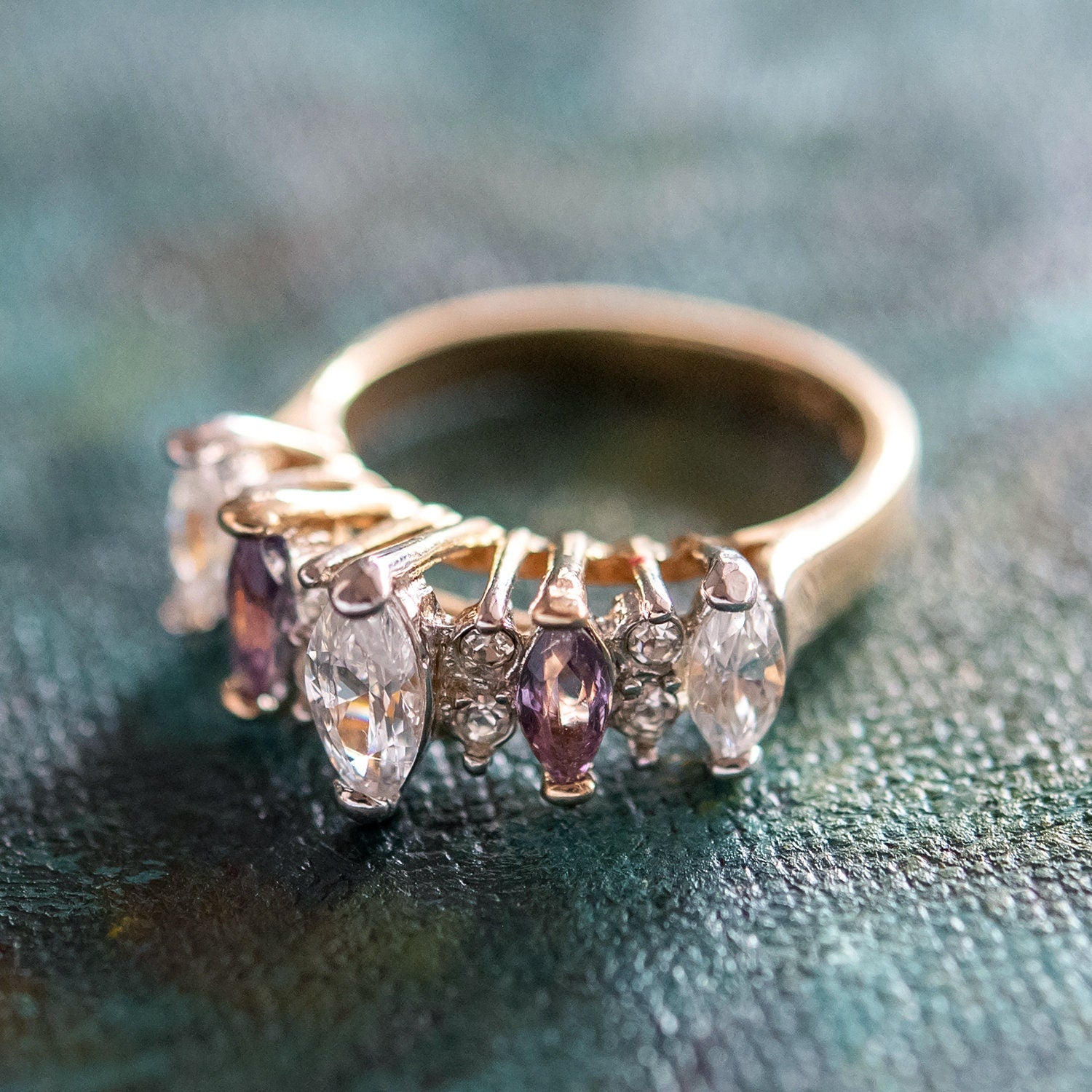Vintage Genuine Amethyst and Clear Cubic Zirconia Cocktail Ring - 18k Yellow Gold Electroplated jewelry image 1