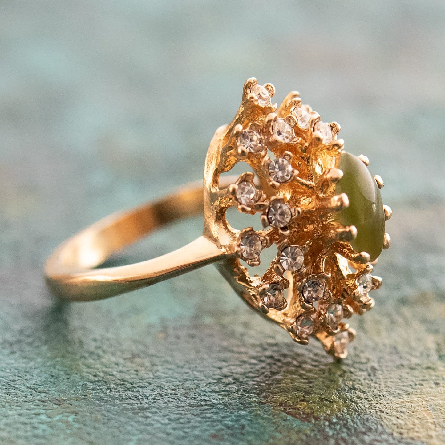 Vintage Genuine Opal and Clear Austrian Crystal Cocktail Ring - 18kt Yellow Gold Electroplated jewelry image 1
