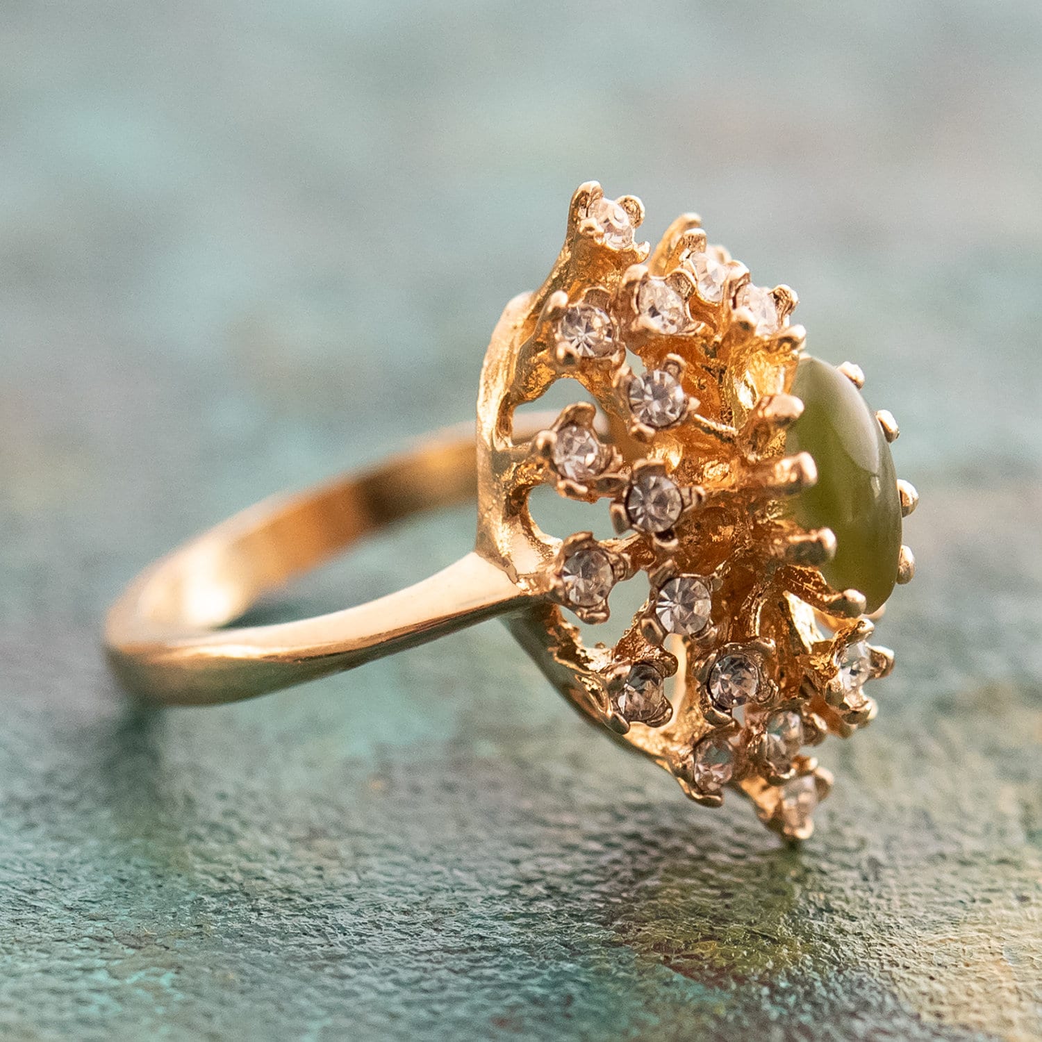 Vintage Genuine Opal and Clear Austrian Crystal Cocktail Ring - 18kt Yellow Gold Electroplated jewelry image 1