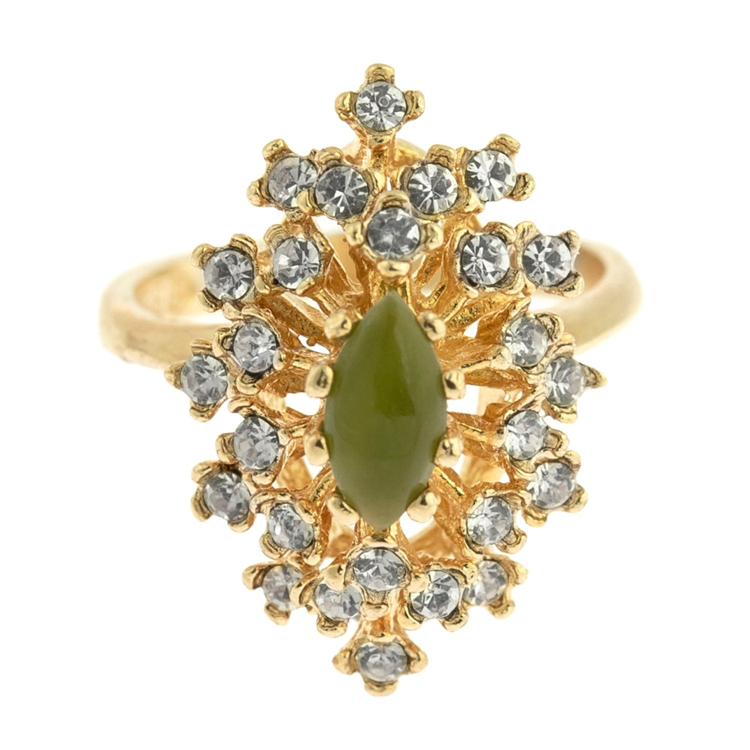 Vintage Genuine Opal and Clear Austrian Crystal Cocktail Ring - 18kt Yellow Gold Electroplated jewelry image 1
