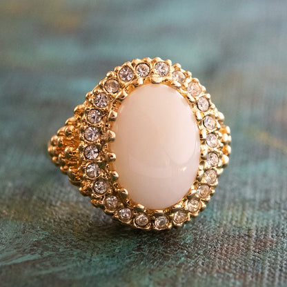 Vintage Genuine Opal and Clear Austrian Crystal Edwardian Style 18k Gold Electroplated Ring jewelry image 1
