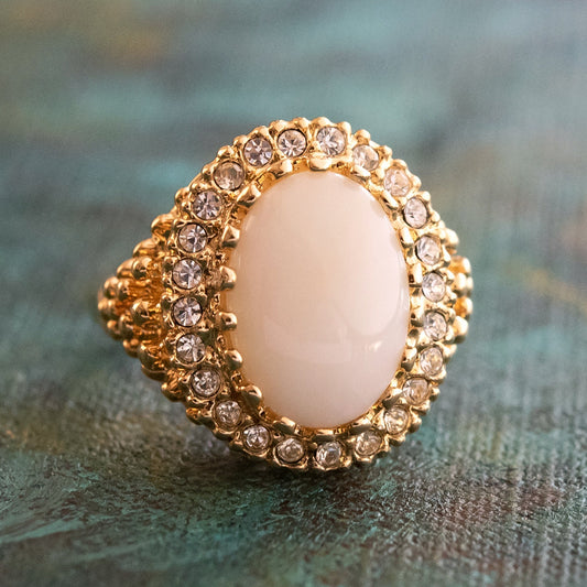 Vintage Genuine Opal and Clear Austrian Crystal Edwardian Style 18k Gold Electroplated Ring jewelry image 1
