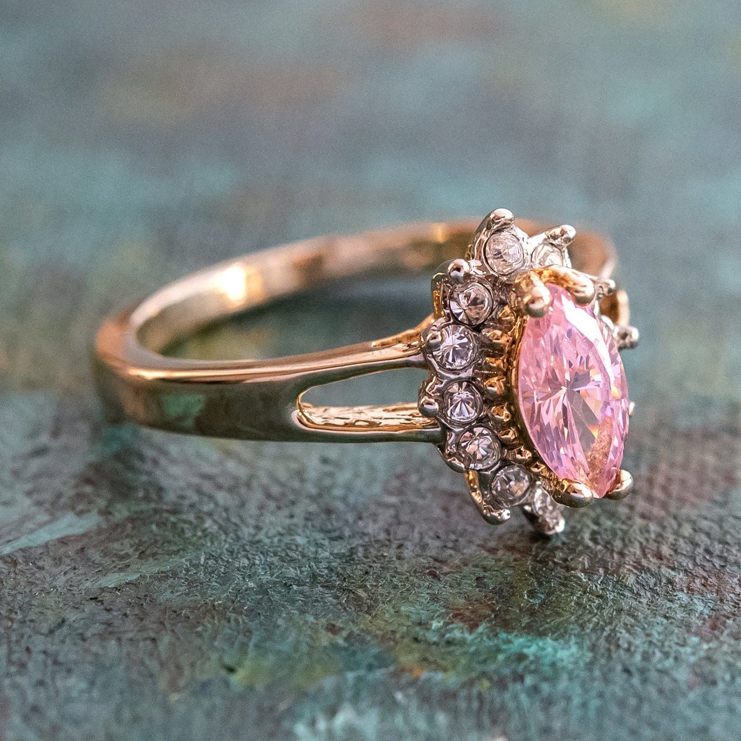 Vintage 1980s Pink Tourmaline Cubic Zirconia & Austrian Crystal Ring – 18kt Yellow Gold Electroplated #R1314 jewelry image 1