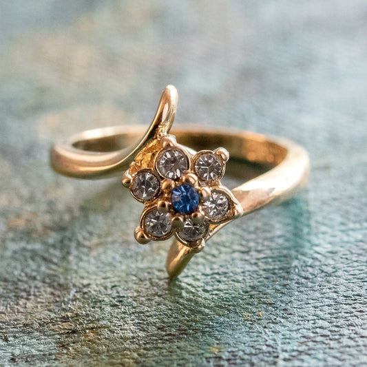 Vintage 1970s Sapphire and Clear Austrian Crystal Cluster Ring - 18kt Yellow Gold Electroplated jewelry image 1