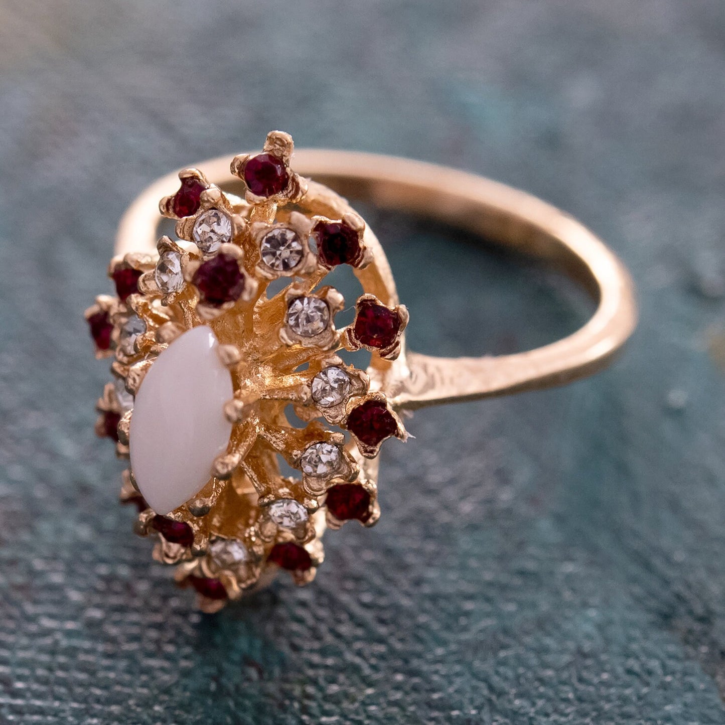 Vintage Genuine Opal Ring with Ruby and Clear Austrian Crystals – 18k Yellow Gold Electroplated jewelry image 1