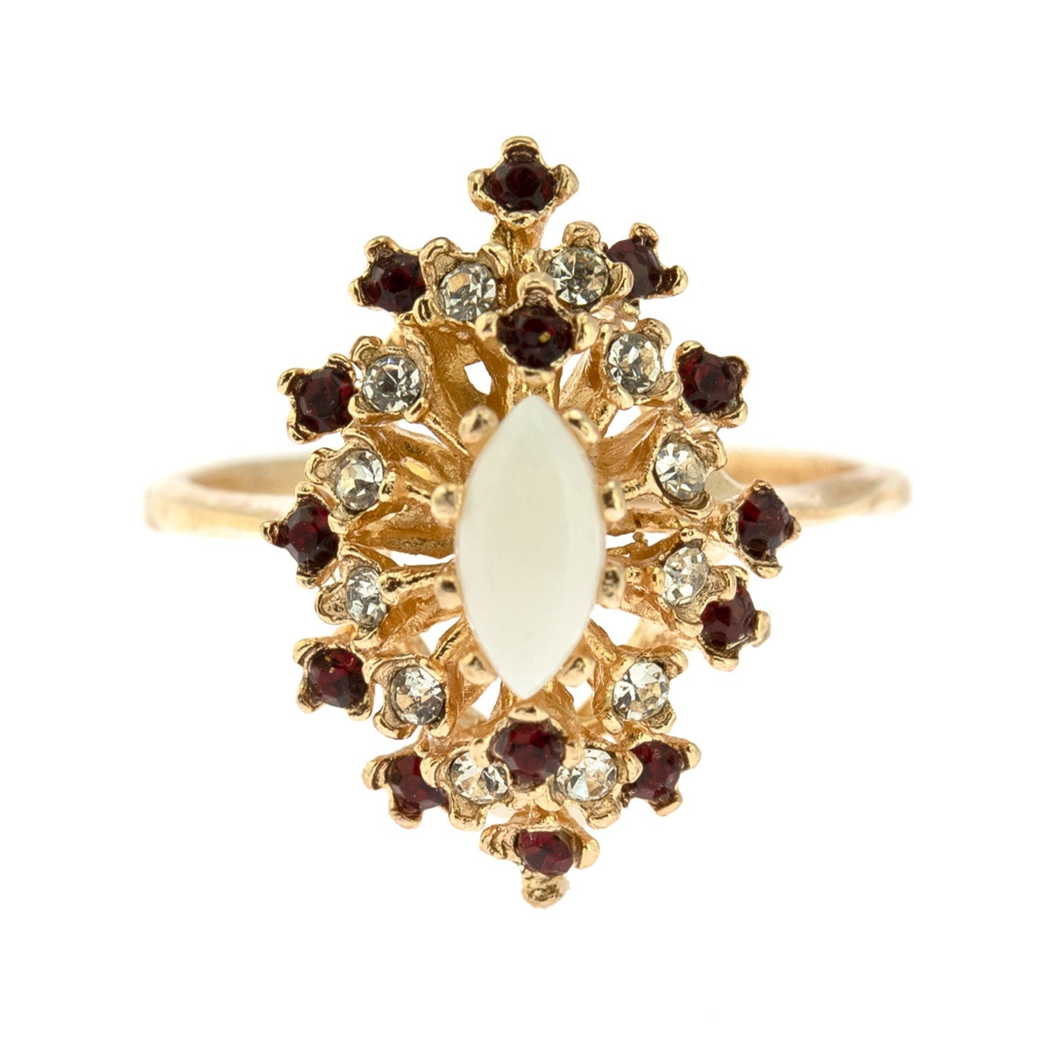Vintage Genuine Opal Ring with Ruby and Clear Austrian Crystals – 18k Yellow Gold Electroplated jewelry image 1