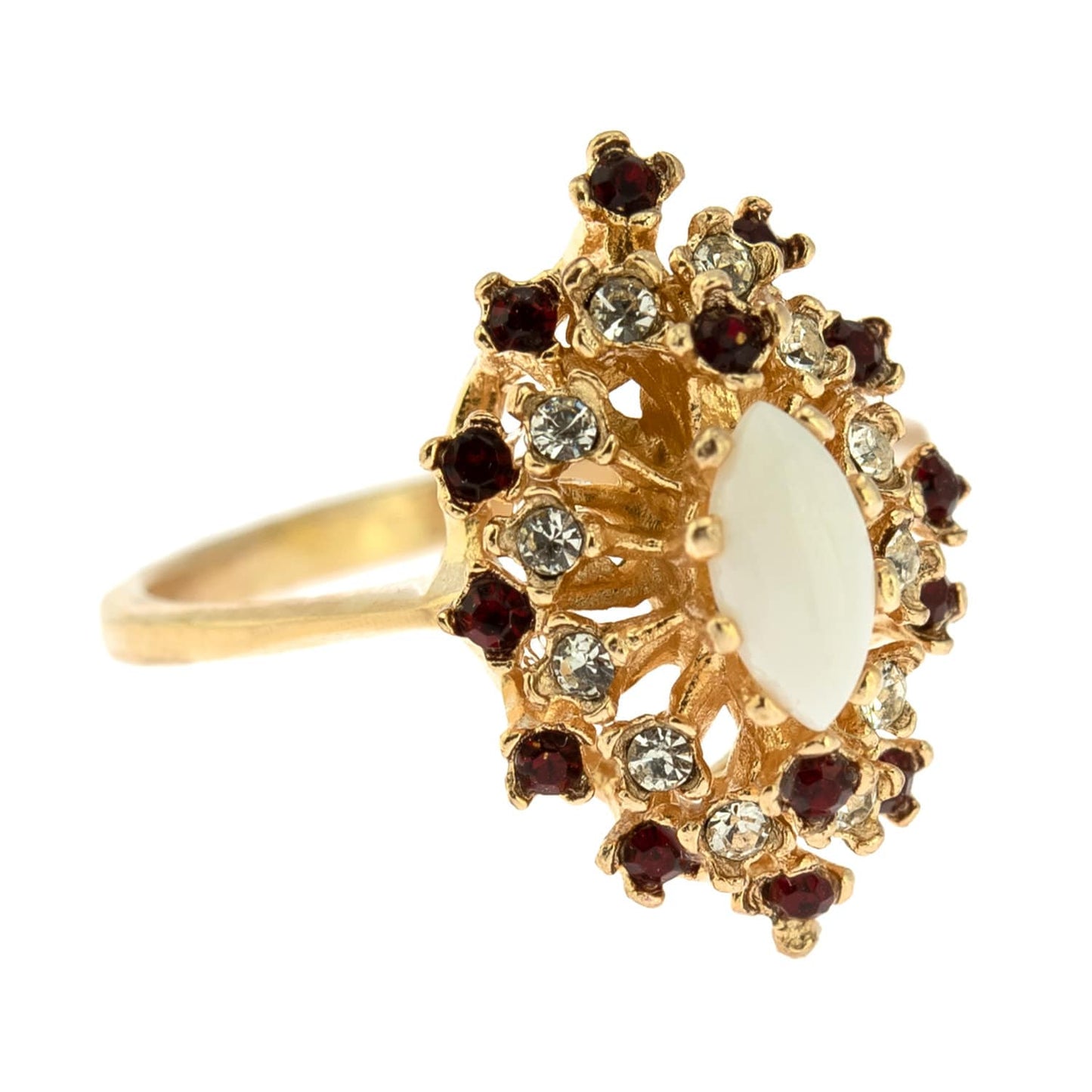 Vintage Genuine Opal Ring with Ruby and Clear Austrian Crystals – 18k Yellow Gold Electroplated jewelry image 1