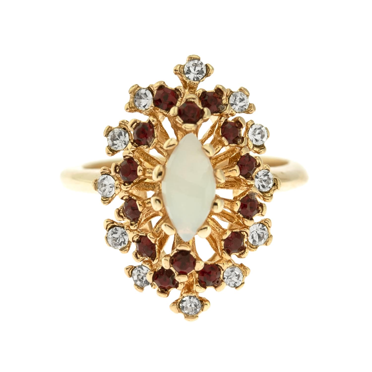 Vintage Genuine Opal Ring with Clear and Ruby Red Austrian Crystals – 18kt Yellow Gold Electroplated jewelry image 1