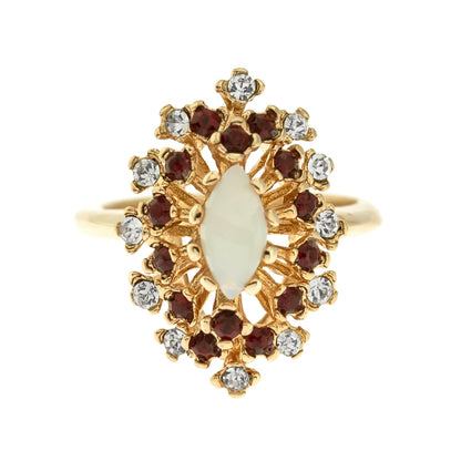Vintage Genuine Opal Ring with Clear and Ruby Red Austrian Crystals – 18kt Yellow Gold Electroplated jewelry image 1