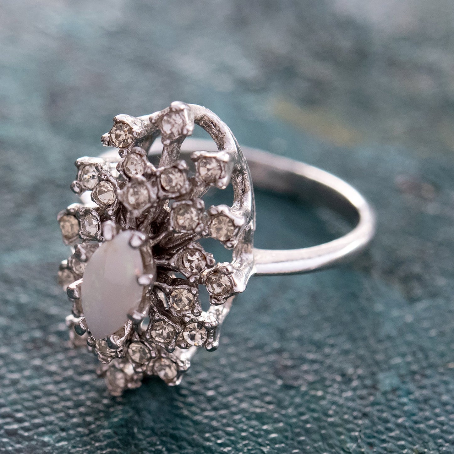 Vintage Genuine Opal and Clear Austrian Crystal Victorian Style Cocktail Ring - 18k White Gold Electroplated jewelry image 1