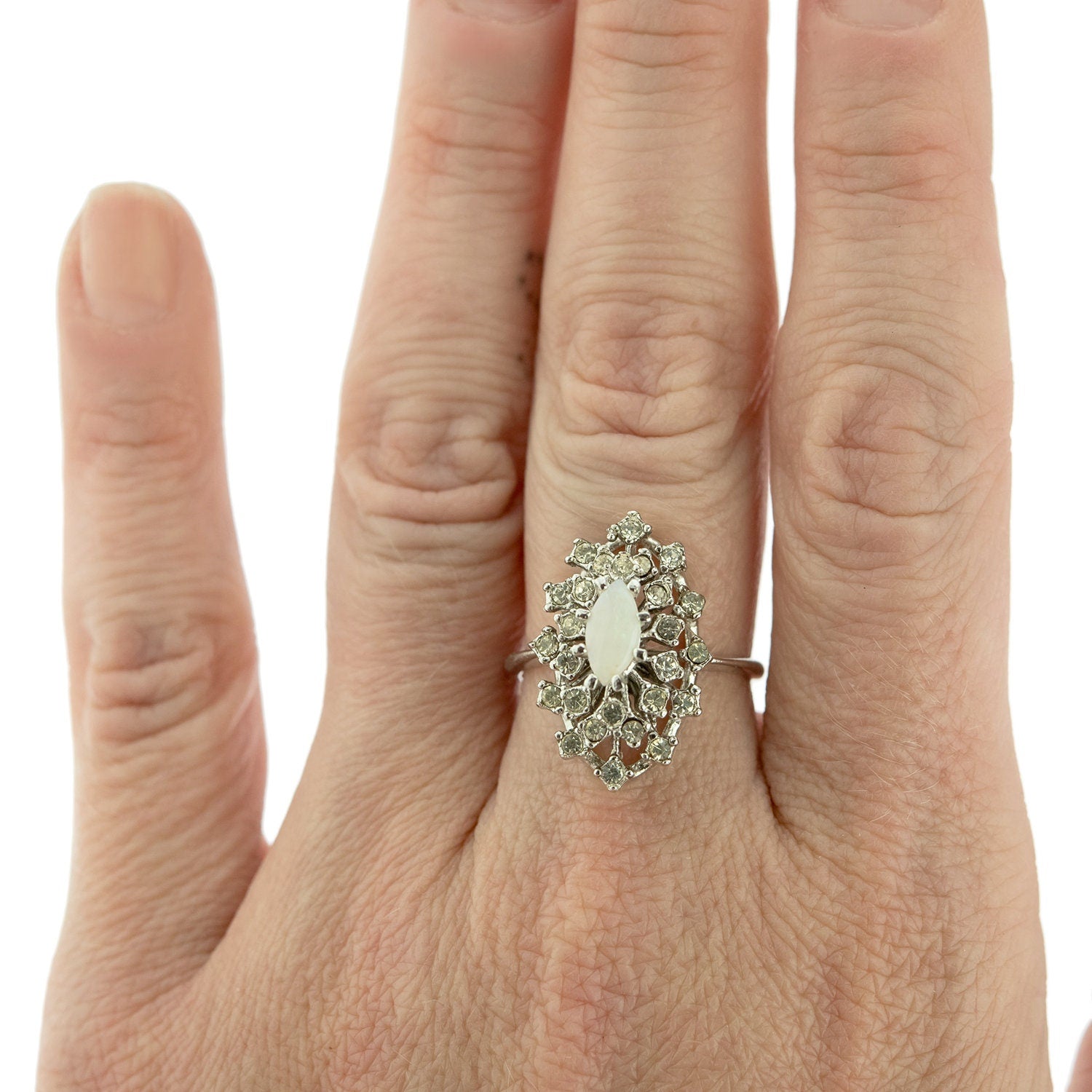 Vintage Genuine Opal and Clear Austrian Crystal Victorian Style Cocktail Ring - 18k White Gold Electroplated jewelry image 1