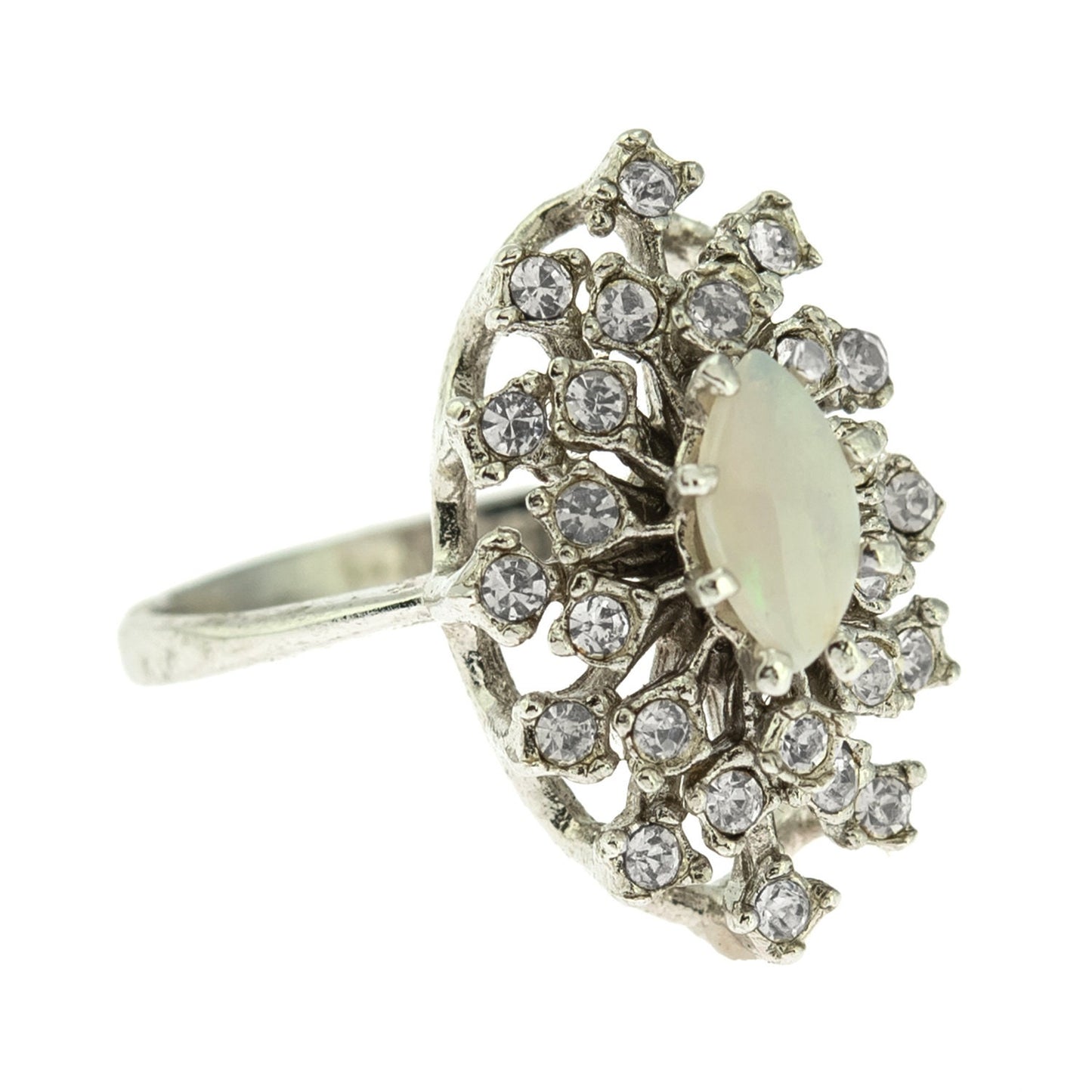 Vintage Genuine Opal and Clear Austrian Crystal Victorian Style Cocktail Ring - 18k White Gold Electroplated jewelry image 1