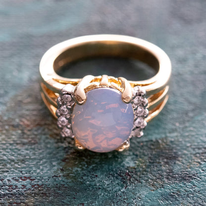 Vintage 1980s Jelly Opal Ring with Clear Austrian Crystals – 18k Yellow Gold Electroplated jewelry image 1