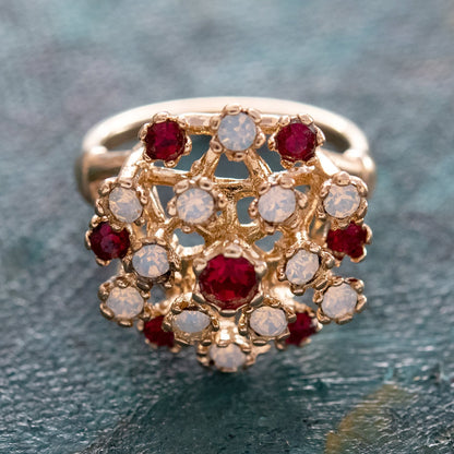 Vintage Ruby Austrian Crystal and Pinfire Opal Ring - 18k White Gold Electroplate - Made in USA jewelry image 1