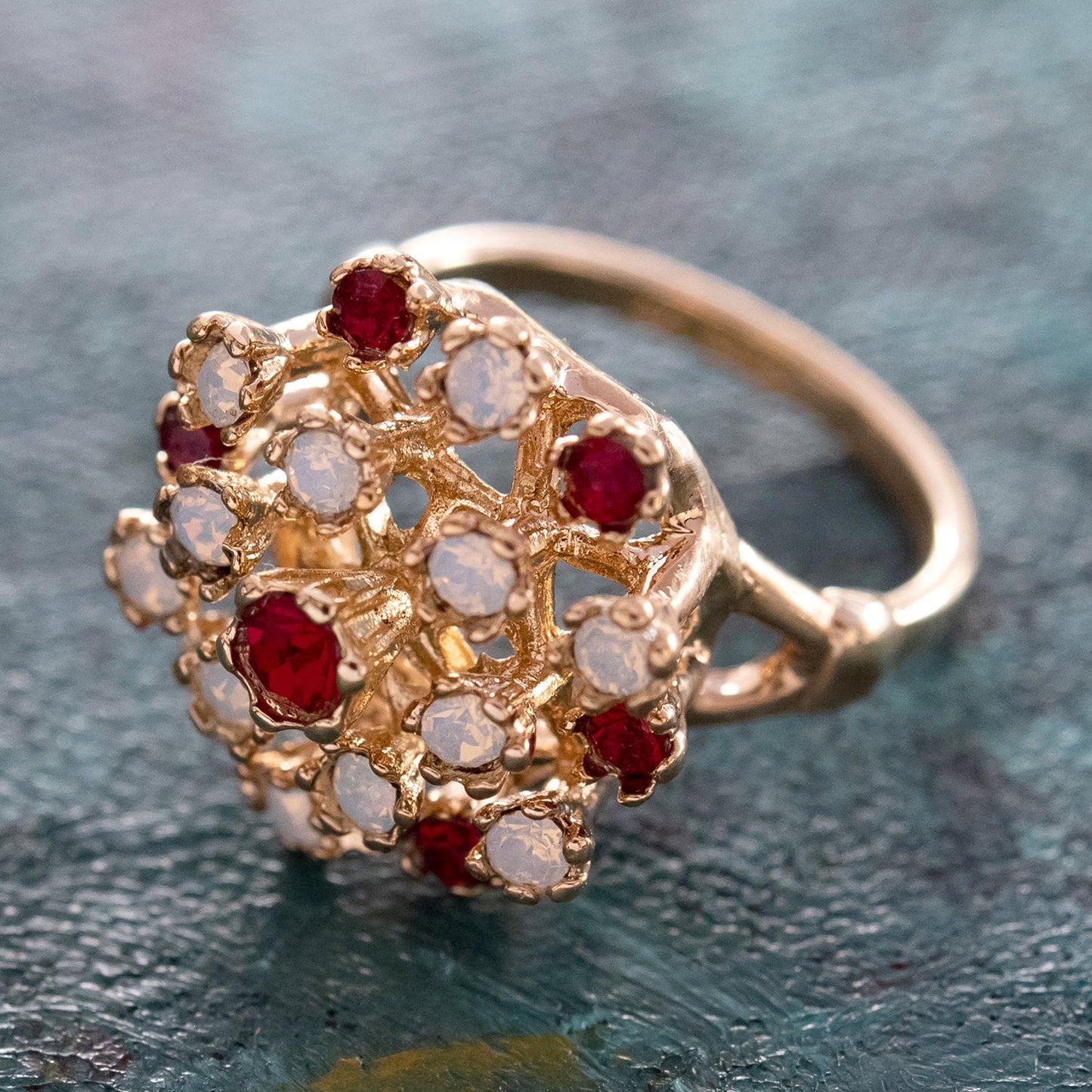 Vintage Ruby Austrian Crystal and Pinfire Opal Ring - 18k White Gold Electroplate - Made in USA jewelry image 1