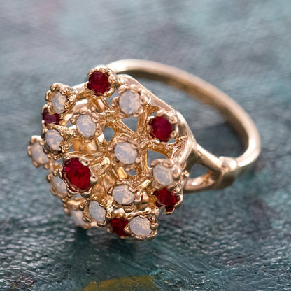 Vintage Ruby Austrian Crystal and Pinfire Opal Ring - 18k White Gold Electroplate - Made in USA jewelry image 1