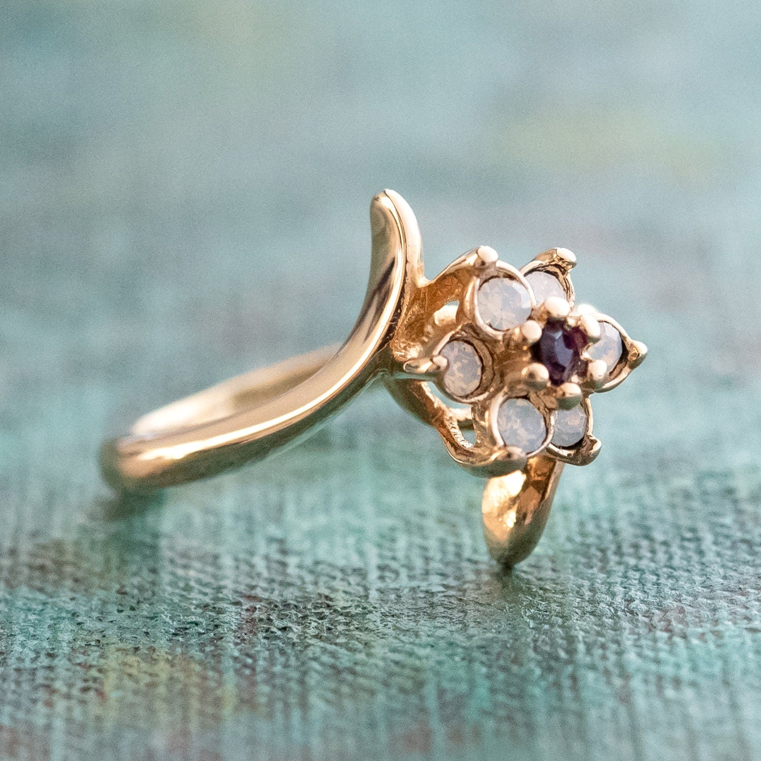 Vintage 1970s Amethyst Crystal and Genuine Pinfire Opal Cluster Ring - 18kt Yellow Gold Electroplated jewelry image 1