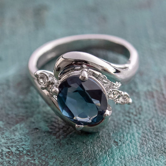 Vintage 1980s Sapphire and Clear Austrian Crystal Ring - 18kt White Gold Electroplated - Made in USA jewelry image 1