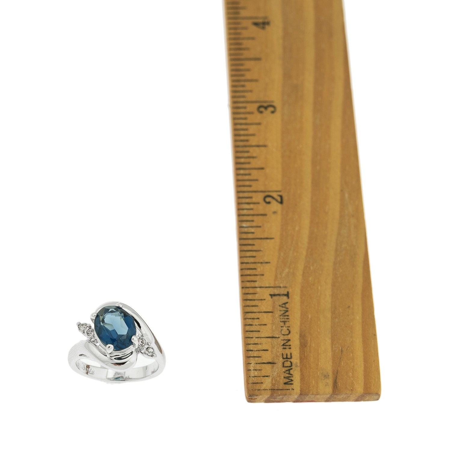 Vintage 1980s Sapphire and Clear Austrian Crystal Ring - 18kt White Gold Electroplated - Made in USA jewelry image 1