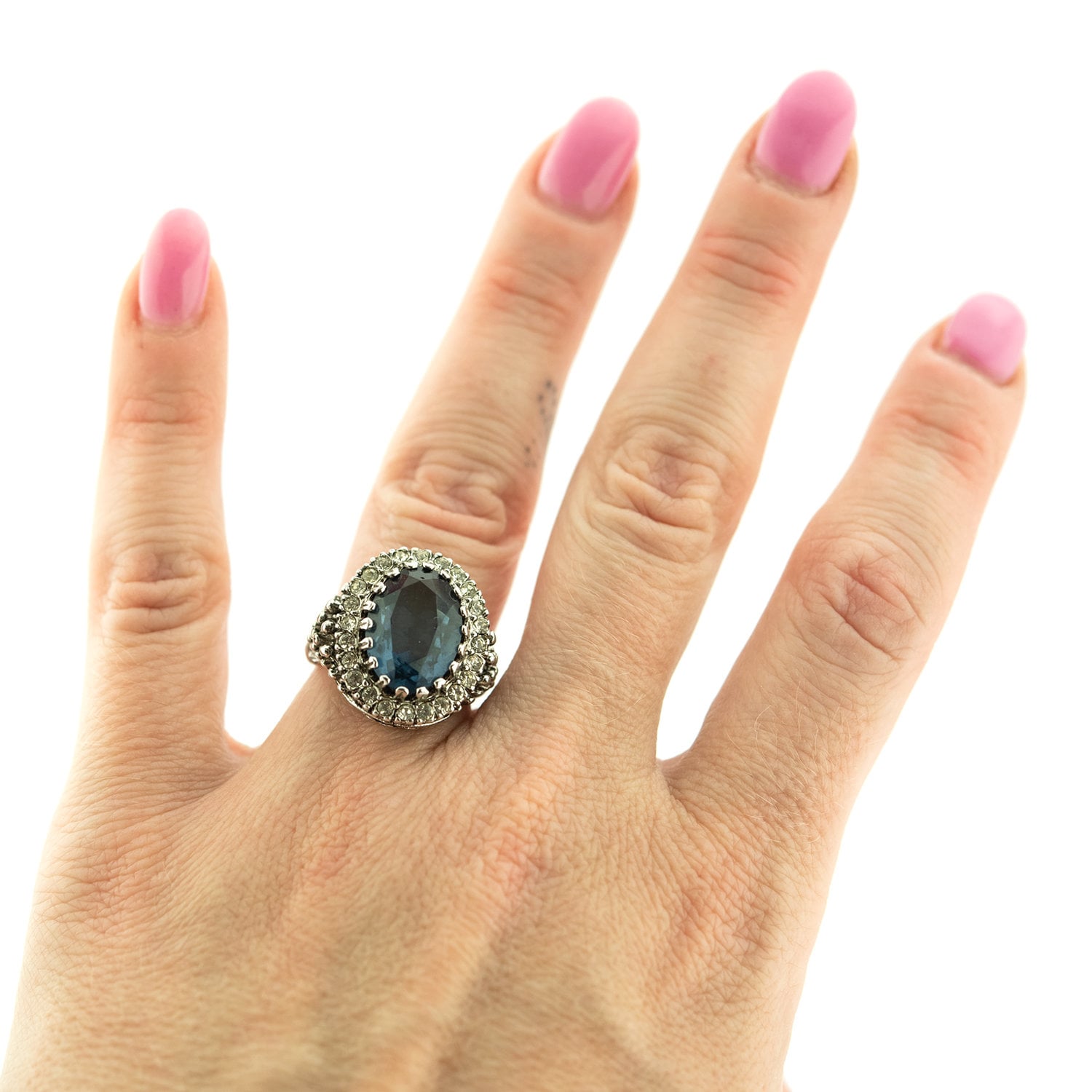 Sapphire and Clear Austrian Crystal Antiqued 18k White Gold Electroplated Edwardian Style Ring - Made in USA jewelry image 1