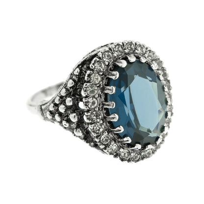 Sapphire and Clear Austrian Crystal Antiqued 18k White Gold Electroplated Edwardian Style Ring - Made in USA jewelry image 1